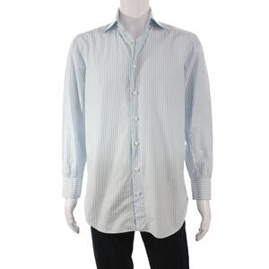 Cesare Attolini Mens Striped Print Long Sleeve Buttoned Top Blue Size EUR 41